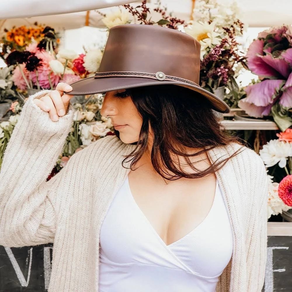 Wide Brim Brown Women's Leather Fedora Hat - Classic Western Style